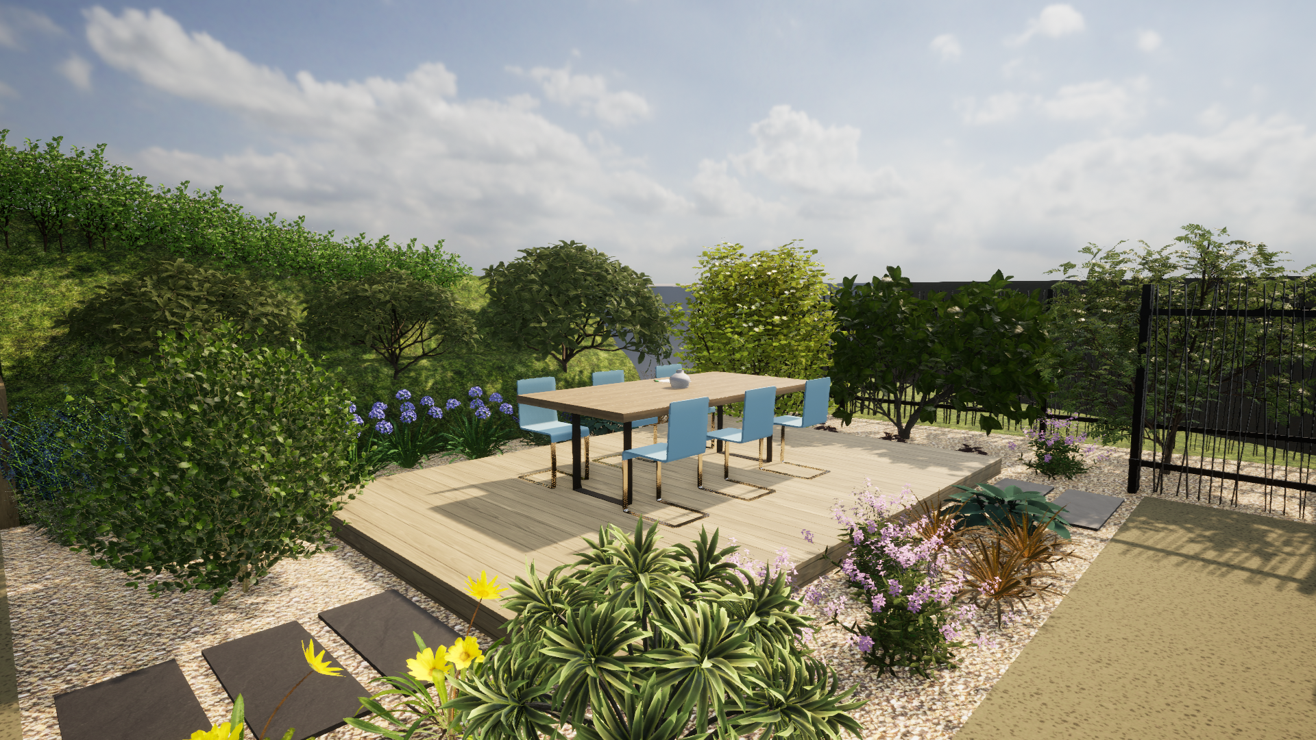 Visuel 3D - Terrasse bois, allée piétonne et espaces verts