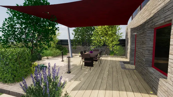 Visuel 3D - Terrasse bois et voile d'ombrage